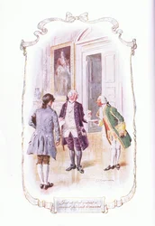 Genau in diesem Moment überreichte ihm ein Diener eine Karte, aus The Vicar of Wakefield veröffentlicht von J M Dent & Son Ltd, 1920er Jahre
